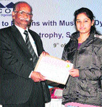 RP Singh, MD, SJVN, with a student in Shimla on Saturday. 