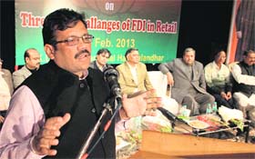 State BJP president Kamal Sharma addresses a gathering of members of the CA Cell of the party in Jalandhar on Saturday