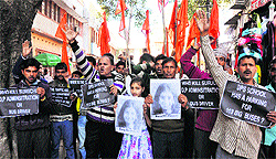 Activists protest against the DPS management in the wake of a class VII student of the school being run over by a school bus, in Jammu on Saturday