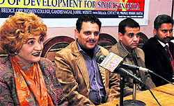 Members of Board of Development for Sports in India addresses mediapersons in Jammu on Saturday