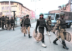 Paramilitary soldiers patrolling during curfew in Srinagar on Saturday.