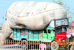 Violating traffic norms, an overloaded truck plies on the GT Road in Amritsar on Sunday