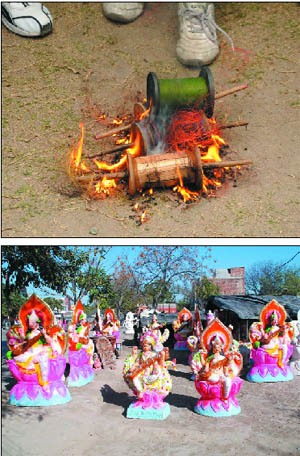 Spools of China-made kite string were burnt recently in the city in order to create awareness about the banned China Dor. The string, being unbreakable, has resulted in a number of birds and humans sustaining injuries.