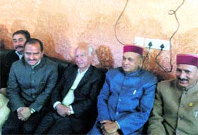 Shanta Kumar and PK Dhumal together at a function in Palampur on Saturday evening