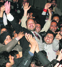 Bar Association members rejoice after results of elections were declared in Jammu on Sunday.