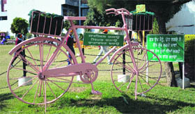 A bicycle, carrying a message to encourage people to ride bicycles in order to remain fit, is displayed on the lawns of a gurdwara at Sarabha Nagar in Ludhiana.