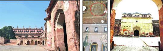 Encircled in red) decorative mirrors have fallen off the roof and an outer view of the structure. 
