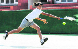 A player in action during the CLTA-AITA Chandigarh Talent Series Tennis Tournament at the CLTA, Sector 10, Chandigarh, on Monday. 