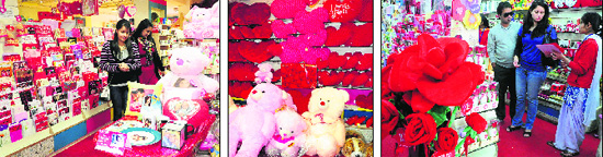 Valentines Day gifts on display as youngsters look for the ideal one for their loved ones at a gift gallery in Sector 11, Chandigarh.