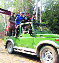 Tourists at the Chilla range of the Rajaji National Park in Pauri Garhwal on Monday. 