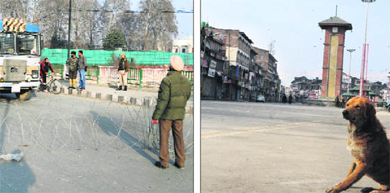 Paramilitary soldiers stop a police bus at a barricade on the third day of curfew in Srinagar on Monday; (right) a dog watches on as another street wears a deserted look.