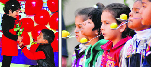 Children celebrate Valentines Day at ABC Montessori School; and (right) students take part in a spoon race during the annual athletics meet of Bharatiya Vidya Mandir School, Udham Singh Nagar, in Ludhiana on Monday.
