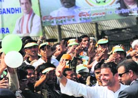 Congress vice-president Rahul Gandhi at an election rally in Agartala on Monday