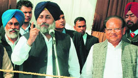 Deputy CM Sukhbir Badal along with SAD candidate Joginder Pal Jain at a rally in Moga on Monday.