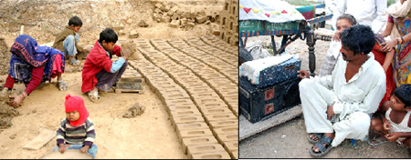 A family, including minor children, works at a brick kiln in the city to make both ends meet while another family of labourers (right) unwinds by listening to music after a days work.