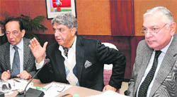 Member of the National Disaster Management Authority VK Duggal (centre), JK Sinha, mock drill expert (right), and Prof Harsh K Gupta, a seismologist (left), address mediapersons at the UT Guest House, Chandigarh, on Monday. 