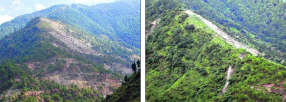 A barren forest land; and (right) a forest land destroyed by a power project in the state