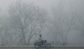 A motorcyclist leaves for work in chill and fog in Jalandhar on Tuesday morning .