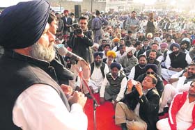 SAD chief Sukhbir Badal at a rally at Daroli Bhai village in Moga on Tuesday