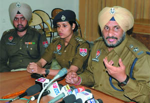 SSP Ravcharan Singh Brar addressing mediapersons following the arrest of accused, in Bathinda on Wednesday evening. 