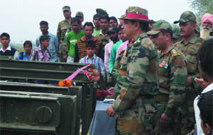 Station Commander Brigadier Rakesh Raina inaugurates the newly-constructed Bailey bridge at Sabuna ditch-cum-bundh.