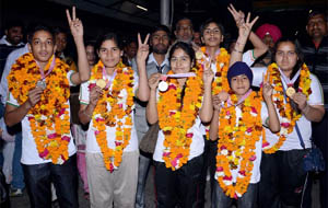 Students of Lord Rama Public School showing the medals that they won in the National Open Karate Championship held in Gujarat. The kids were accorded a warm welcome upon their arrival at the Bathinda railway station on Wednesday. 