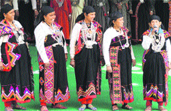 Women of mahila mandals during a fashion show at the National Winter Carnival at Manali on Wednesday. Photo: MC Thakur