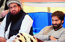 JKLF chief Yasin Malik shared the stage with Hafiz Saeed in Islamabad on February 10