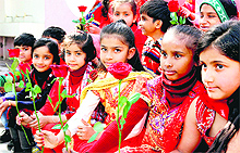 Students celebrate Valentines Day with visually challenged students of Andh Vidyalaya in Jalandhar on Wednesday