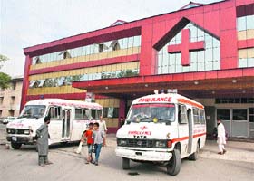 Ambulances parked in front of Shri Maharaja Hari Singh Hospital in Srinagar