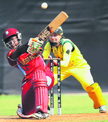 Deandra Dottin plays a shot at the MIG Club ground in Mumbai.