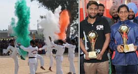 (Left) Students showcase their taekwondo skills on the second day of the annual sports meet held at the Government Rajindra College in Bathinda on Thursday; Sukhjinder Singh and Shimla Kaur pose with their trophies after being adjudged as the best athletes