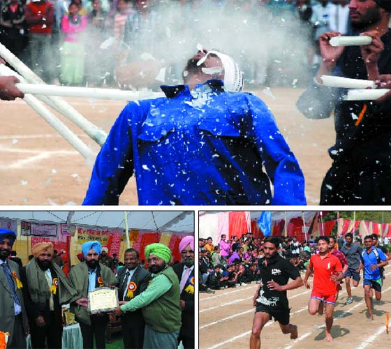 (Anti-clockwise from left) Members of a Gatka troupe perform on the concluding day of the two-day annual sports meet held at the Government Rajindra College in Bathinda on Thursday; College staff honours chief guests Gurpreet Singh Maluka (centre), MD, Cooperative Bank, Bathinda, and Amarjeet Singh, principal of the University College, Rampura Phul, (second from left); and athletes take part in the 800-metre race