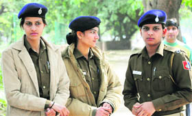 Policewomen on duty on Valentines Day at Sector 16