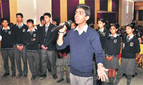 A student asks a question from UT IG RP Upadhyaya during an interactive session at Moti Ram Arya School, Sector 27, Chandigarh, on Thursday.