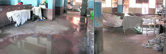 Water gets collected on the floor; and (right) dirty sheets lie outside a bathroom in the maternity ward of the Civil Hospital in Jalandhar. 