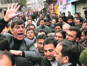 Jammu and Kashmir High Court Bar Association members shout slogans against the hanging of Afzal Guru, in Srinagar on Thursday.