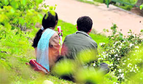 While a young couple enjoyed the Valentines Day at Bag-e-Bahu garden in Jammu.