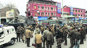Heavy deployment of security forces outside Lower court, near Lal Chowk, Srinagar, during a protest by members of the Jammu and Kashmir High Court Bar Association in Srinagar on Thursday.