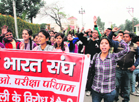 Members of the Navbharat Sangh hold a protest against alleged irregularities in BDO examinations in Dehradun on Friday.
