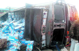 The kinnow-loaded truck that met with an accident near Bajekan in Sirsa on Friday. 
