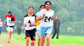 Players in action during the Inter-Collegiate Athletic Meet 2013 at Universoty of Jammu on Friday.
