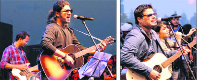 Singers Papon; and (right) Clinton Cerejo perform at a concert at Lovely Professional University near Jalandhar on Friday. 
