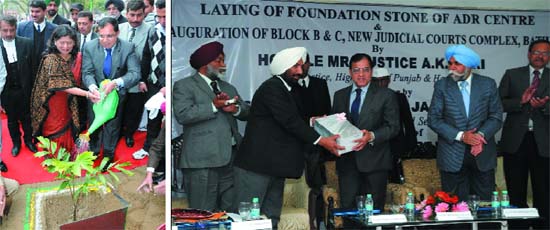 (Left) Chief Justice of Punjab and Haryana High Court AK Sikri waters a sapling during his visit to the District Courts Complex in Bathinda on Satruday; and District Bar Assocation president RS Jalal felicitates the Chief Justice during a function organised on the occasion of opening two new blocks at the District Courts Complex