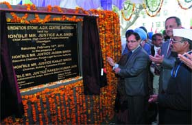 Justice AK Sikri, Chief Justice of the High Court of Punjab and Haryana, unveils the foundation stone of the Alternate Dispute Redressal (ADR) Centre at the District Courts Complex in Bathinda on Saturday