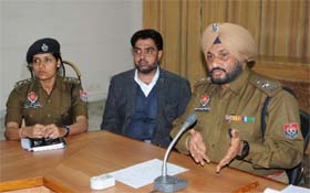 (From right) SSP Ravcharan Singh Brar along with Mansa SP (Headquarter) Rajeshwar Sidhu and ASP City-II Alka Meena addresses mediapersons in Bathinda