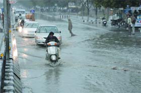 Vehicles make their way through the Bathinda-Goniana road on Saturday. Water stagnated at many places in the city after heavy rainfall