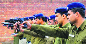 Chandigarh Police constables during the practice session at the firing range, Sector 25, on Saturday. 