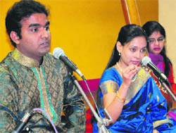 Members of Mumbai-based group Jasrangee Jugalbandi perform at MCM College in Sector 36, Chandigarh, on Saturday. 