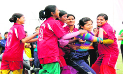 Girls in a tussle during a kabaddi match in Haridwar on Saturday. Tribune photo: Rameshwar Gaur